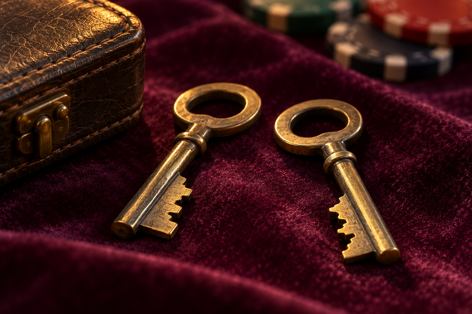 Two brass keys on dark velvet beside a leather case.