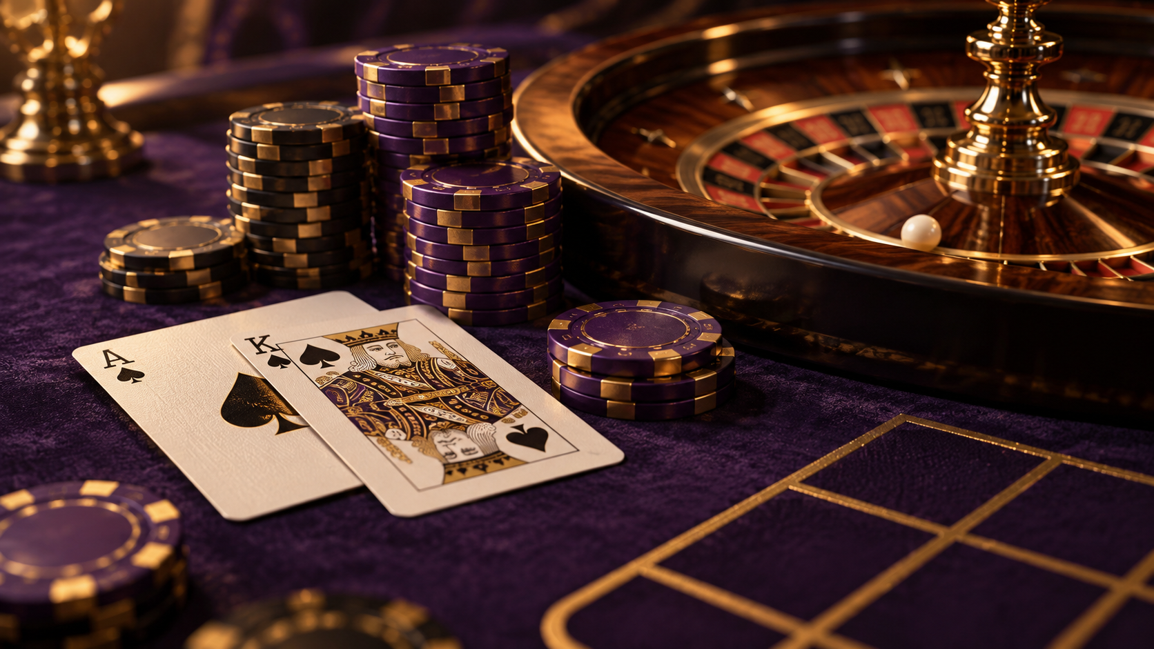 Illustrated playing cards and casino chips beside a roulette wheel