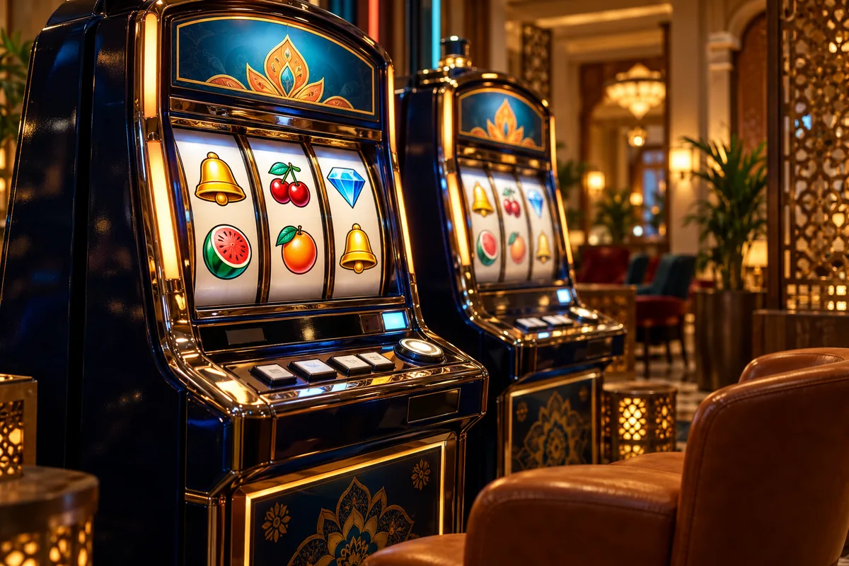 Illustrated unbranded slot machines in a casino lounge