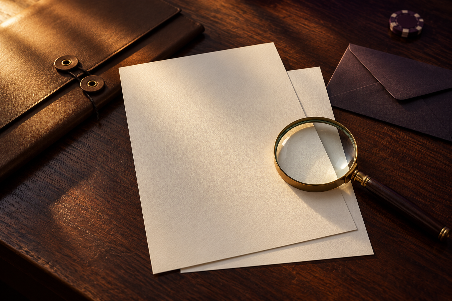 Magnifying glass, blank sheets and a closed envelope on a desk.