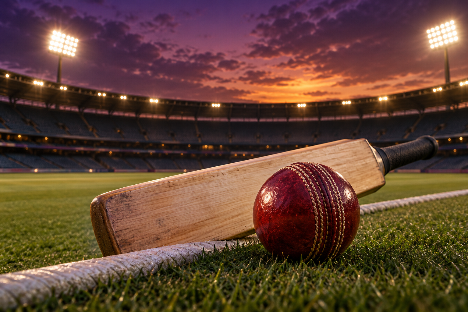Cricket bat and ball beside a floodlit stadium.