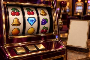 Illustrated slot reels with fruit, bells and a blank paytable.