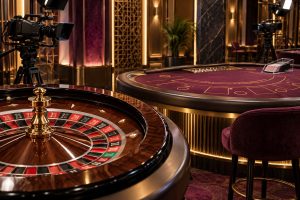 Illustrated roulette wheel and empty casino table with cameras.
