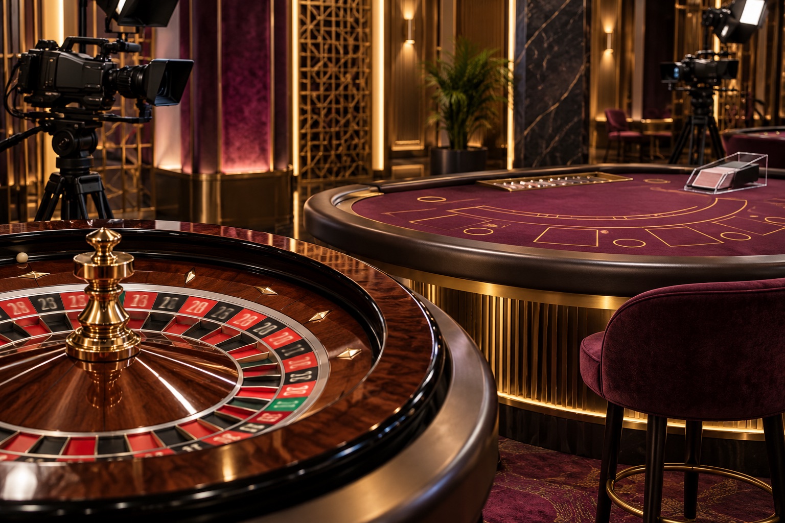 Illustrated roulette wheel and empty casino table with cameras.