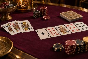 Illustrated playing cards and chips on a burgundy tabletop.