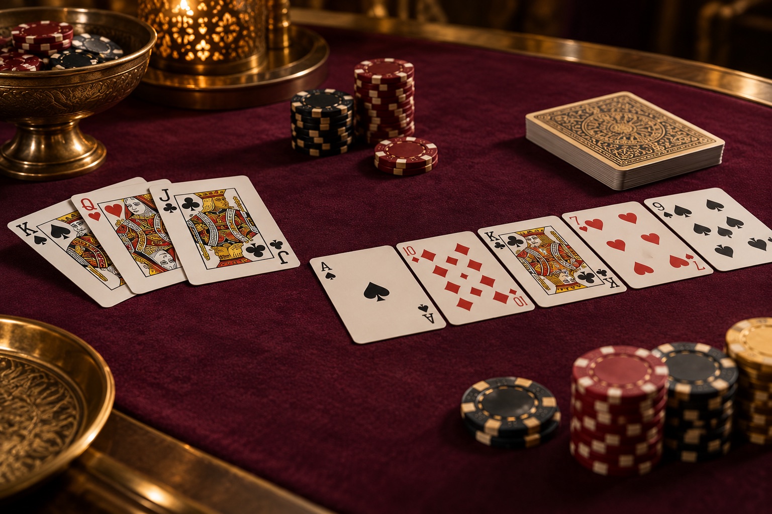 Illustrated playing cards and chips on a burgundy tabletop.