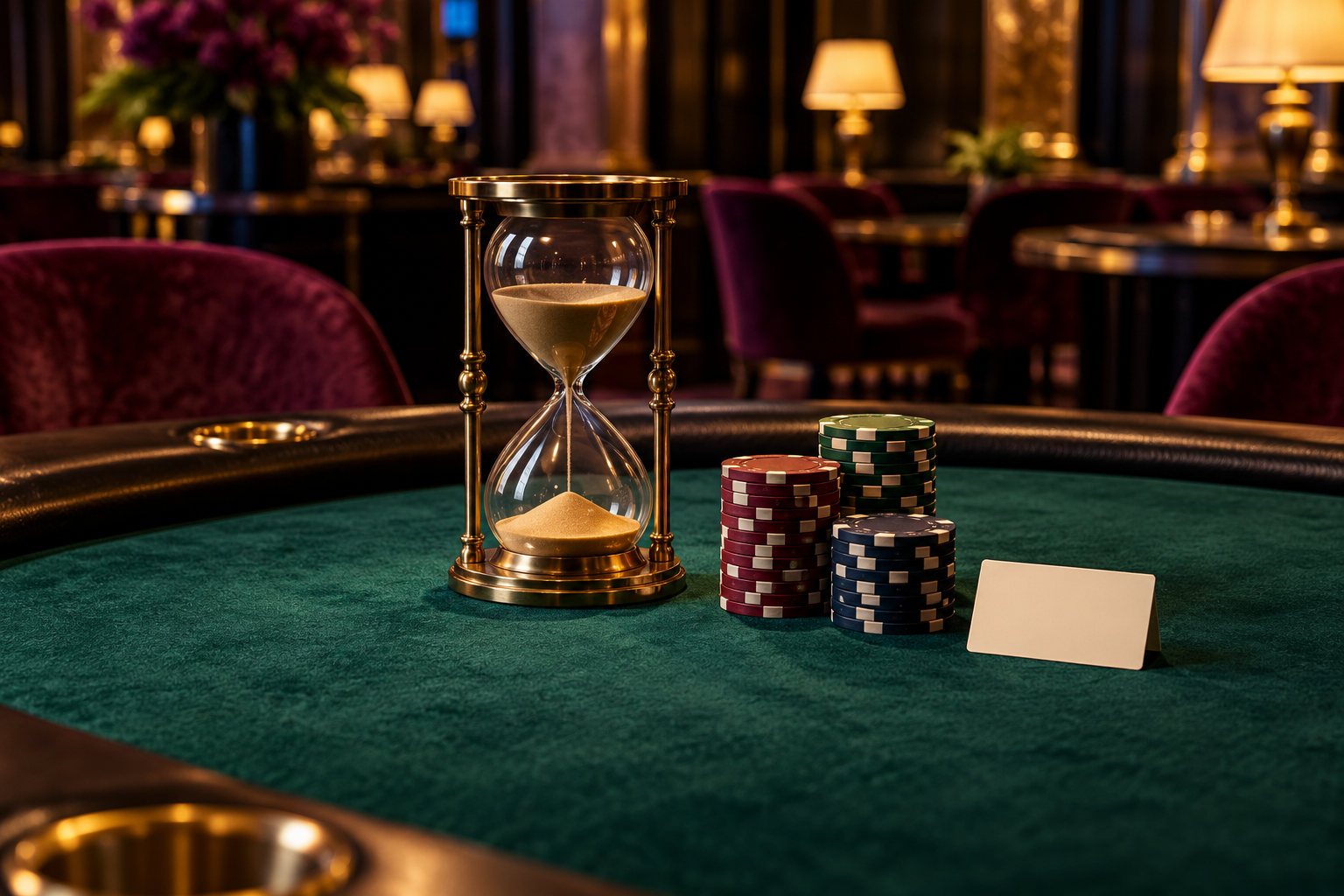 Hourglass and casino chips beside a blank card on a green table.